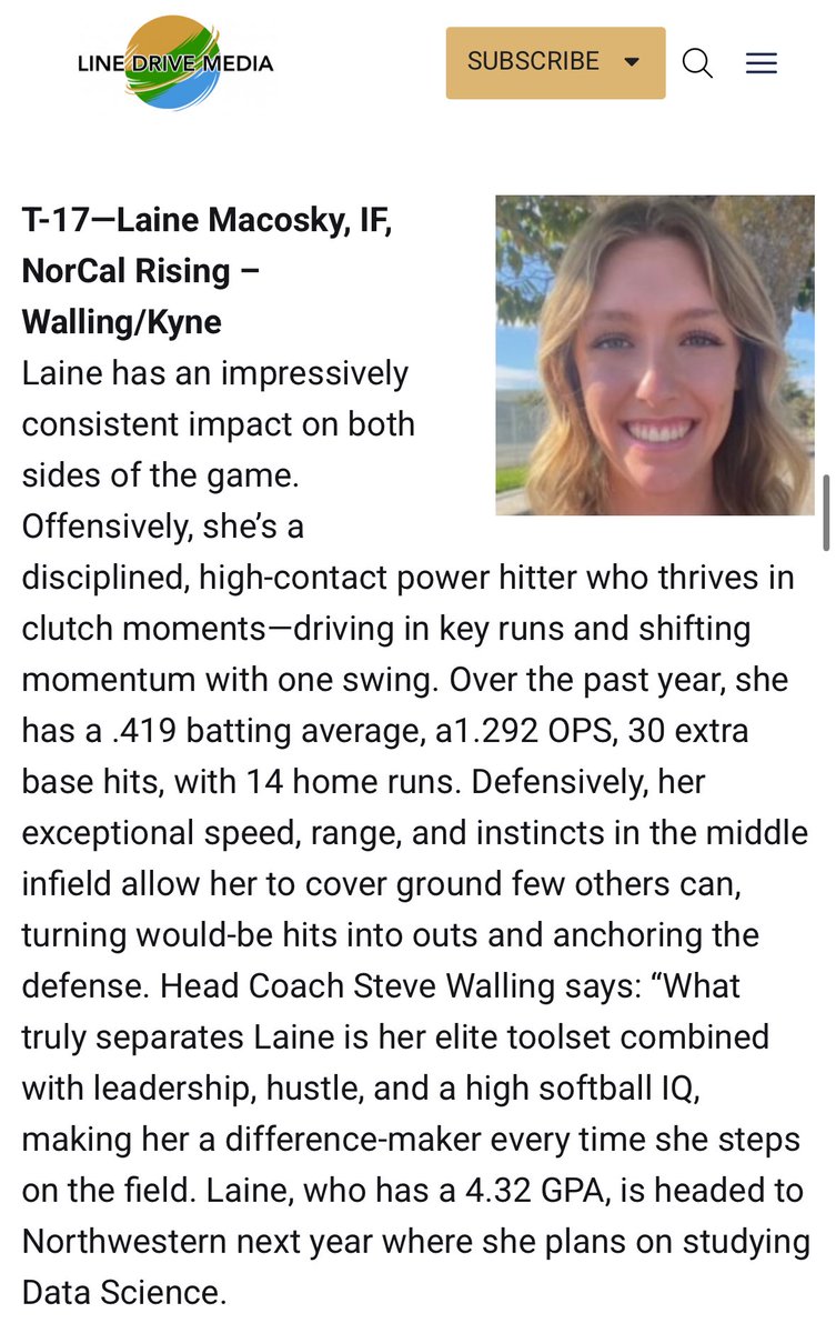 Thank you <a href="/LineDsoftball/">Line Drive Media</a> for the recognition! I’m honored to named with my other @NorCalRisingFP teammates and so many talented athletes in the nation!! Thank you to my coaches and teammates for always pushing me to be my best. Go Rising!💙 Go ‘Cats!💜
<a href="/katedrohan/">Kate Drohan</a> <a href="/CarylDrohan/">Caryl Drohan</a>