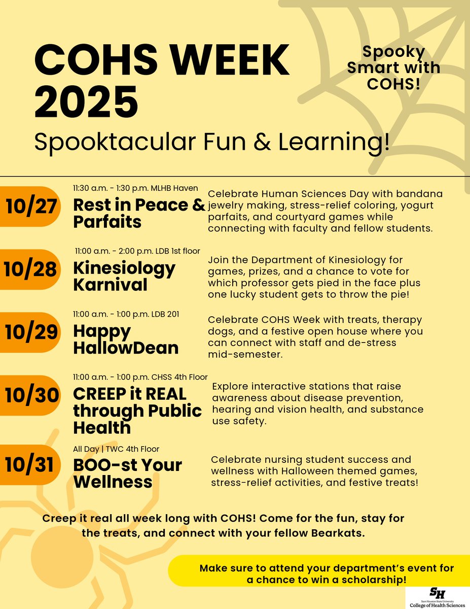 Ready for COHS Week? 📅 Each day brings a new way to celebrate our community — from the Human Sciences courtyard games to the HallowDean Open House! Don’t miss the fun, Oct. 27–31! 🧡 #BearkatHealth #COHSWeek