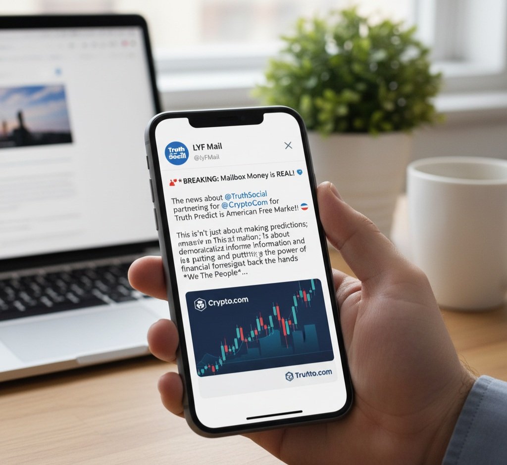 lyfmailcom's tweet image. 🚨 Mailbox Money is REAL! @truthsocial &amp;amp; @cryptocom team up for Truth Predict! 🇺🇸💰
Big win for the American Free Market – democratizing info &amp;amp; finance for everyone. No gatekeepers! #TruthPredict #Crypto #LYFMail