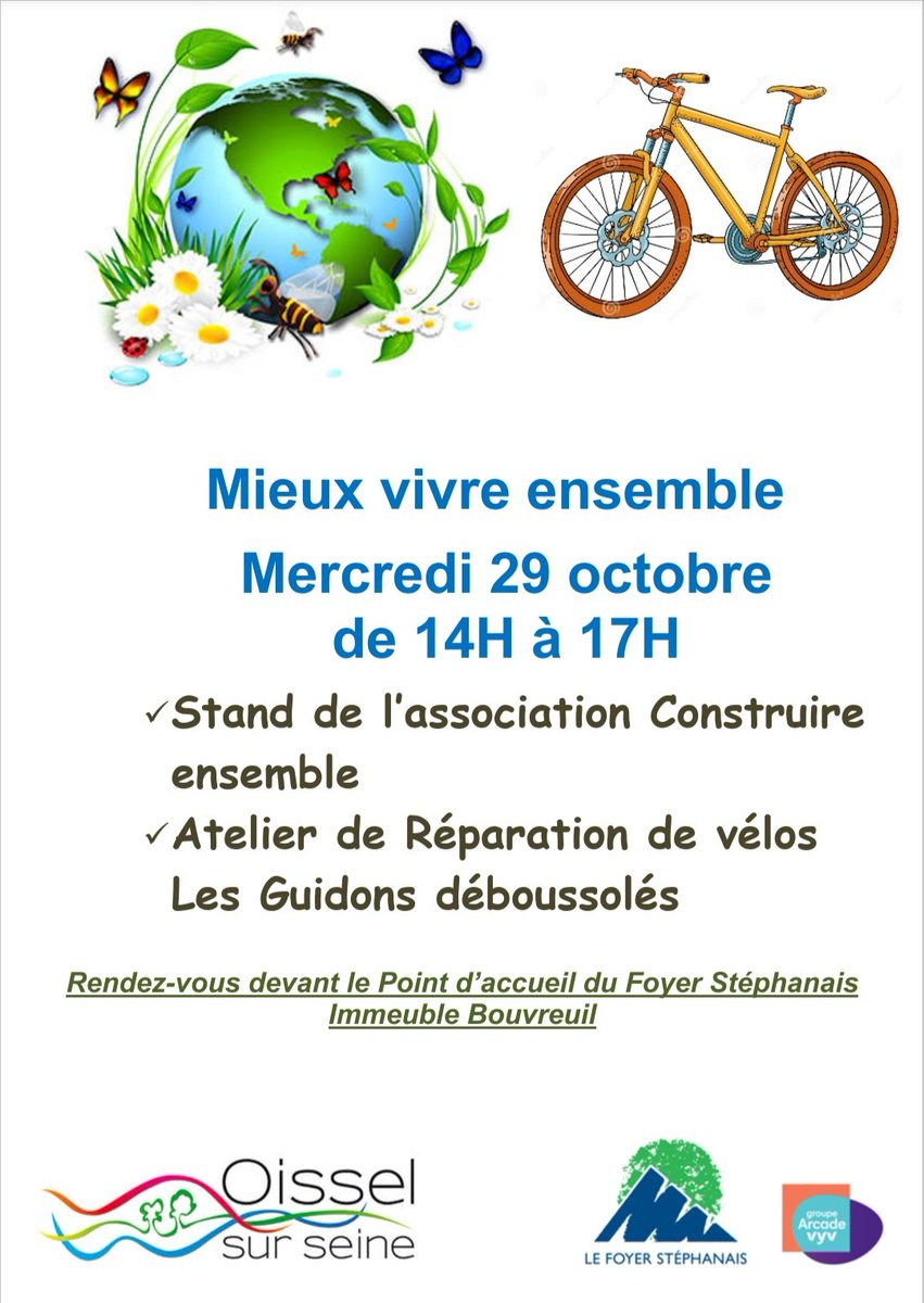 Mercredi 29 octobre, <a href="/LFStephanais/">Le Foyer Stephanais</a> organise une après-midi conviviale avec les habitants des Oiseaux à Oissel.
"les Guidons déboussolés" nous proposent un atelier d'auto réparation de vélos 🚲
Et  l'association Construire Ensemble nous invite autour de gourmandises. <a href="/Groupe_VYV/">Groupe VYV</a>