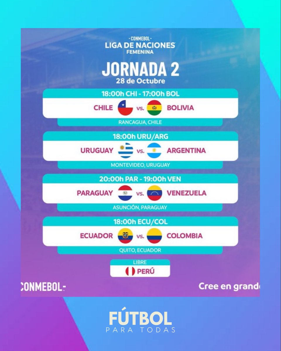 Arranca la segunda jornada de la Liga de Naciones Femenina. Los partidos que completan la primera doble fecha de las Eliminatorias Sudamericanas son los siguientes ➡️⚽️

Esta fecha descansa Perú 🇵🇪
