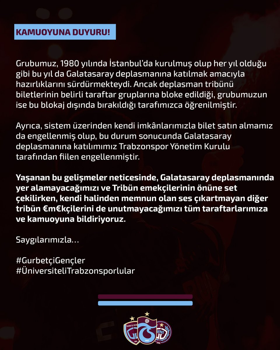 Kamuoyuna duyuru!

#GurbetçiGençler
#ÜniversiteliTrabzonsporlular