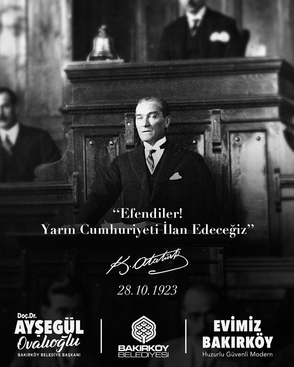 “Efendiler! Yarın Cumhuriyeti ilan edeceğiz.”

Bir milletin umudu, kararlılığı ve özgürlük inancı…
Tam 102 yıl önce bu cümleyle filizlendi.
Bugün aynı inançla; Cumhuriyetimizin değerlerini, eşitliği, adaleti ve aydınlığı büyütmek için çalışıyoruz.

Geleceğimizi, Cumhuriyet’in