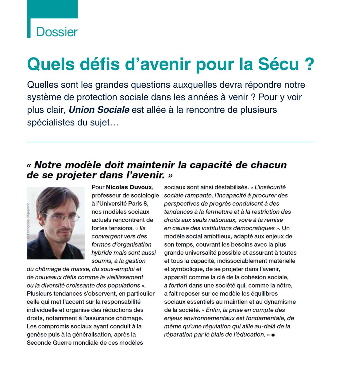 [Dossier] Quel avenir pour la Sécu ?

💡 Dans le dernier numéro d'Union Sociale consacré aux 80 ans de la Sécurité sociale, des experts nous éclairent sur le future de notre système de protection sociale.

Témoignage de Nicolas Duvoux, prof de sociologie  buff.ly/XoaLY2h
