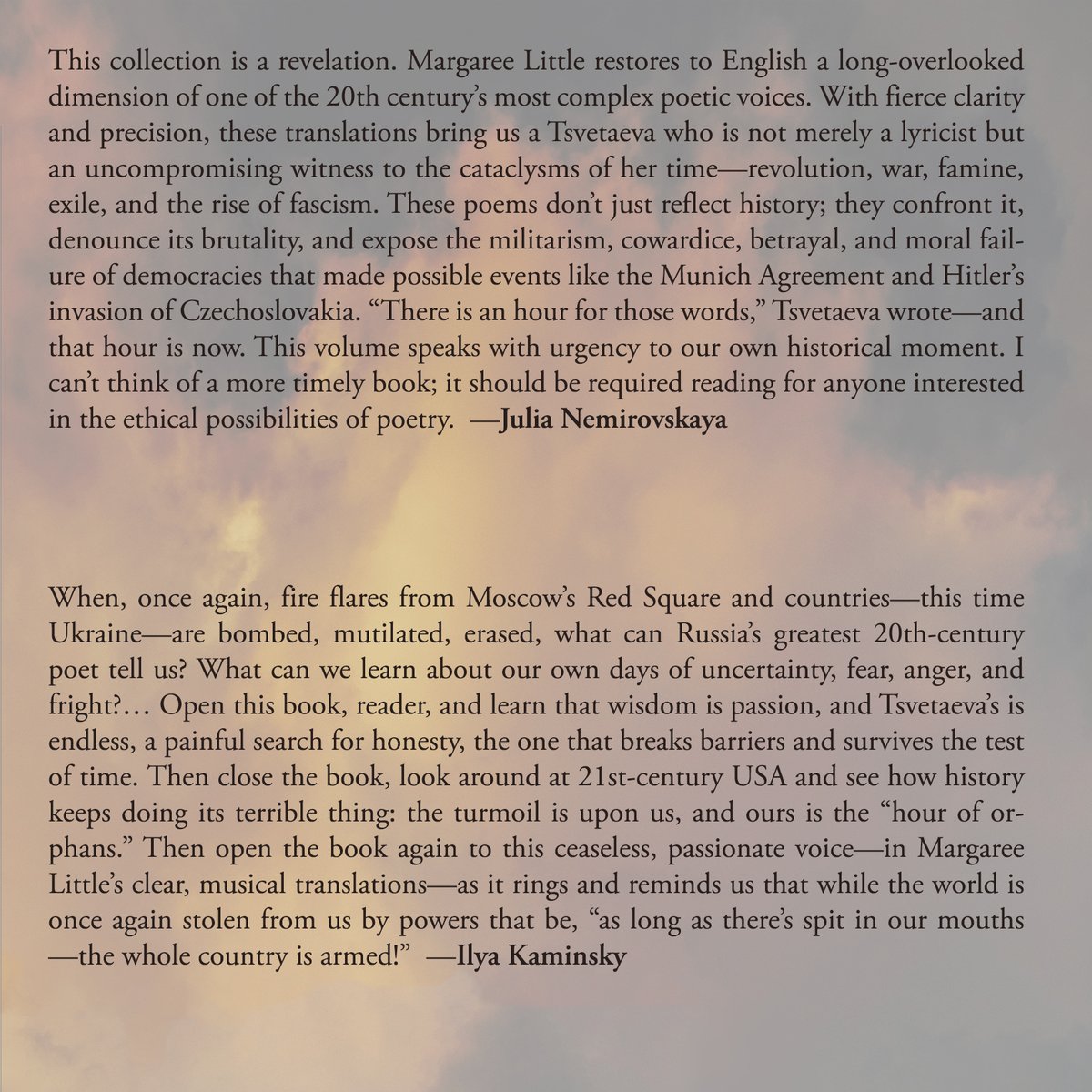 AT THE EDGE: Selected Political Poems of Marina Tsvetaeva, translated by Margaree Little

Join us for a launch reading on November 6, 8:00 p.m. (Central): tinyurl.com/499vk7vk

And get your copy here: greenlindenpress.com/books/at-the-e…