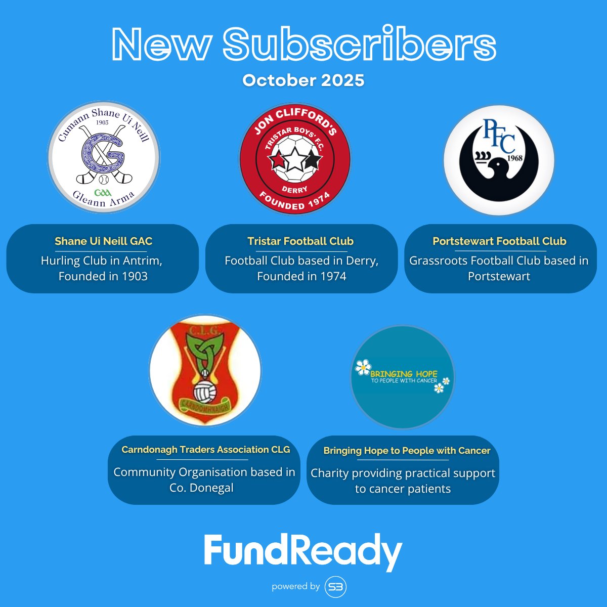 🚀 Welcome to our newest 𝐅𝐮𝐧𝐝𝐑𝐞𝐚𝐝𝐲 subscribers! 🚀

We’re delighted to have Shane Uí Néill GAC, Tristar FC, Portstewart FC, CLG Charn Domhnaigh &amp; Bringing Hope to People with Cancer join the FundReady family. ❤️🤝

#ThirdSectorSupport #socialchange #funding