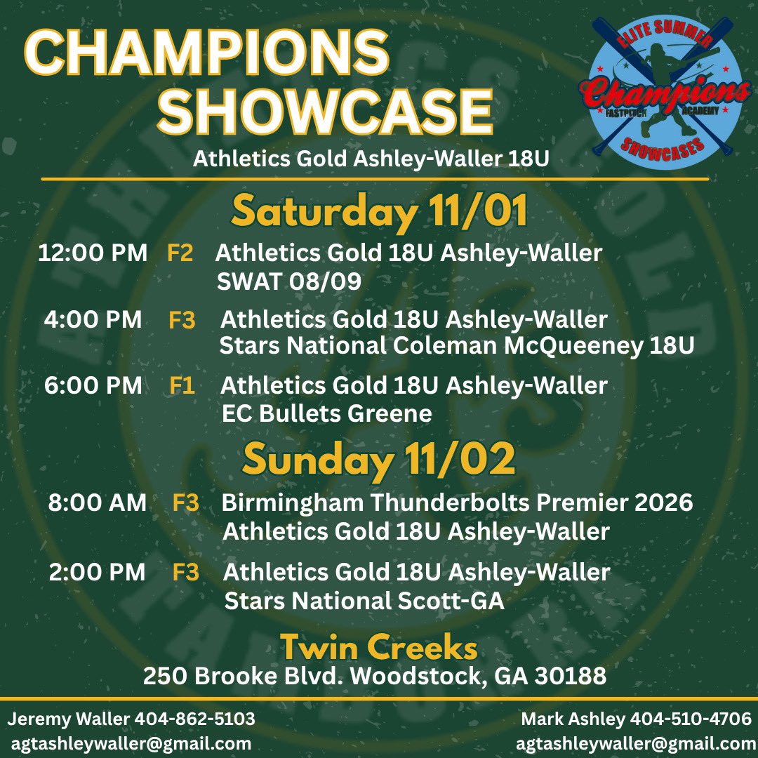 First tournament back!! Can’t wait to be back on the field with a new crew!! Come check us out at the Champions Showcase this weekend in Woodstock!! Yayy!! 🥎 <a href="/AGTAshleyWaller/">Coach Waller - Athletics Gold Tamborra 18U</a> <a href="/AGTAshley/">Coach Ashley-Athletics Gold Tamborra Ashley/Waller</a> <a href="/SUHawksSoftball/">Shorter University Softball</a> <a href="/kelseyshodgson/">Kelsey Hogan</a>