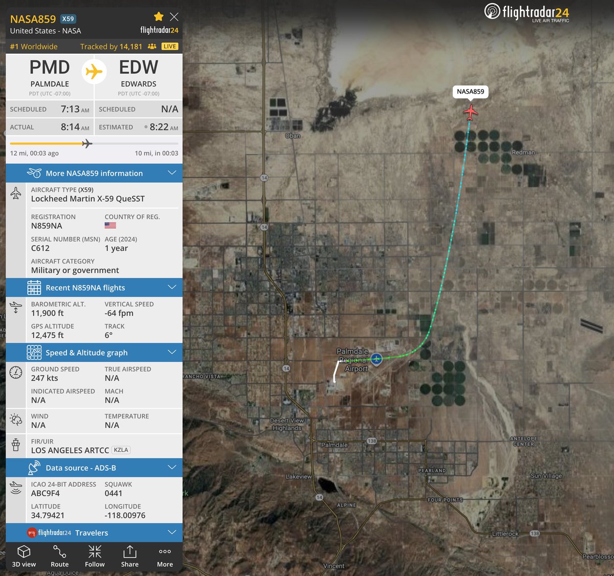 flightradar24's tweet image. Airborne! The @NASA X-59 QueSST is making its first flight. The aircraft is uniquely shaped to fly supersonically without making a loud sonic boom. flightradar24.com/NASA859/3cdc6c…