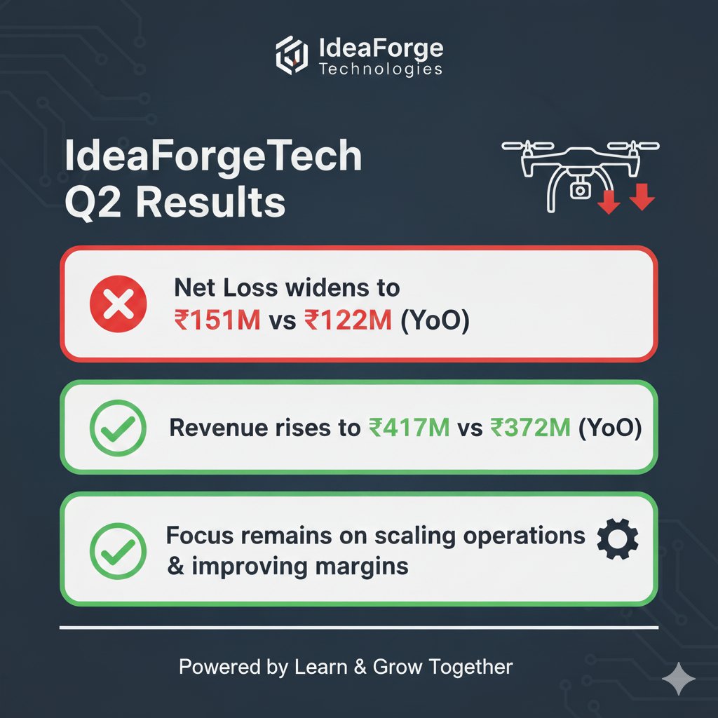 CapitalInsight3's tweet photo. #IdeaForgeTech Q2 Results:
✅ Net Loss widens to ₹151M vs ₹122M (YoY)
✅ Revenue rises to ₹417M vs ₹372M (YoY)
✅ Focus remains on scaling operations & improving margins
#Q2Results #EarningsUpdate #DroneTech #StockMarket #IdeaForge https://t.co/SgCz49oj8D