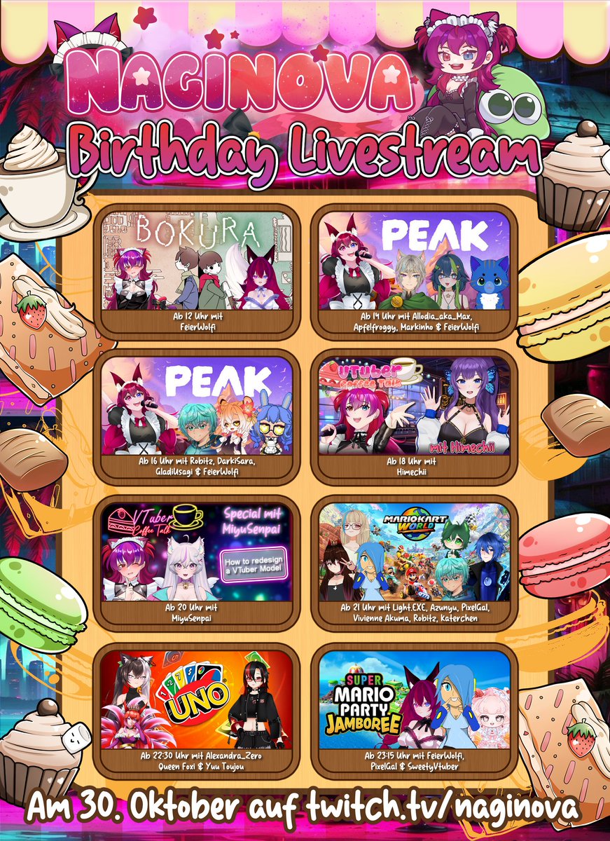 ❤️ Einladung &amp; Programm meines Birthday Streams ❤️

12 Uhr: Bokura im Co-Op
14 Uhr: Gruppen Wettkampf in Peak
18 Uhr: VTuber Coffee Talk mit <a href="/HimechiiVT/">Himechii 🦋 | GerVTuber</a>
20 Uhr: VTuber Coffee Talk Special mit <a href="/MiyuSenpaiVT/">MiyuSenpai 💜</a> 
21 Uhr: Mario Kart World
22:30 Uhr: UNO
23:15 Uhr: Mario Party Jamboree
