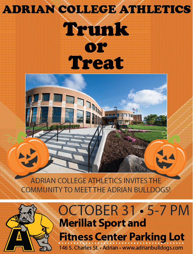 Don't forget to join us for the first Adrian College Athletics Trunk-or-Treat! Join us in the Merillat Sport and Fitness Center parking lot on Friday, October 31 from 5-7PM! Meet members of the Bulldogs and grab some candy before Adrian City Trick-or-Treat hours!

#GDTBAB