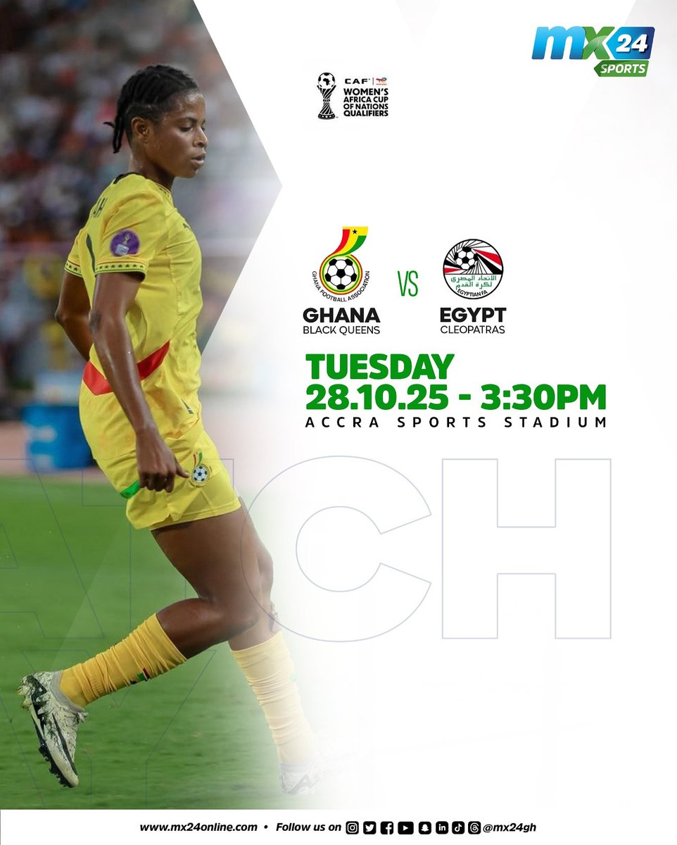 🚨 ACCRA ON FIRE TODAY! 🔥  
🇬🇭 GHANA vs 🇪🇬 EGYPT  
⏰ 3:30PM | 🏟️ Accra Sports Stadium   
🎟️ **FREE ENTRY!**  

Pack the stands, bring the noise, let’s make history! 🏆🇬🇭 #mx24gh #mx24sports #funfearlessfactual #Offthecuff #GHAvEGY #Matchday #WAFCON