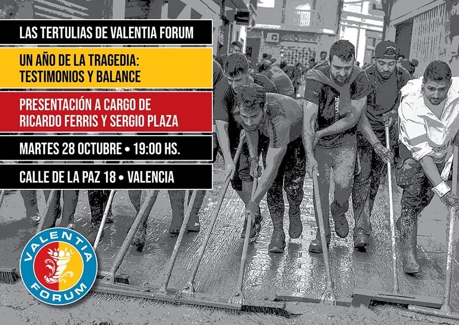 🥁 Se cumple un año de la tragedia y hemos preparado una tertulia especial de homenaje y reivindicación.
Bajo el título "Un año de la tragedia. Testimonios y balance", junto a Ricardo Ferris y Sergio Plaza
🔥Te esperamos hoy a las 19h en la calle de la Paz 18 de Valencia