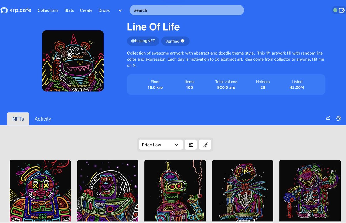 Line Of Life collection on <a href="/xrpcafe/">xrp.cafe ☕</a> 
1/1 art. 38/100 item available for primary price. 
Go check it out and have fun.