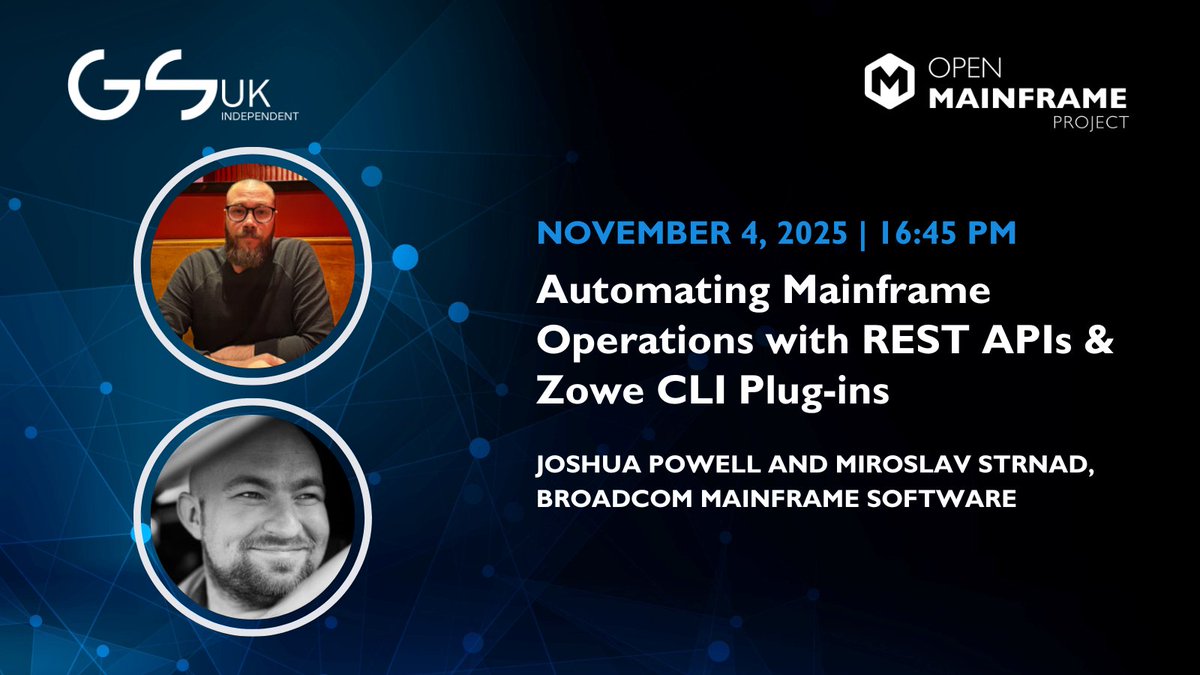 OpenMFProject's tweet image. Robots aren’t taking over… yet. 🤖 At #GSUK25, Joshua Powell and Miroslav Strnad of Broadcom show how REST APIs and Zowe CLI plug-ins can automate mainframe operations, making life easier for devs and admins via The Open Mainframe Project.

hubs.la/Q03PC26k0