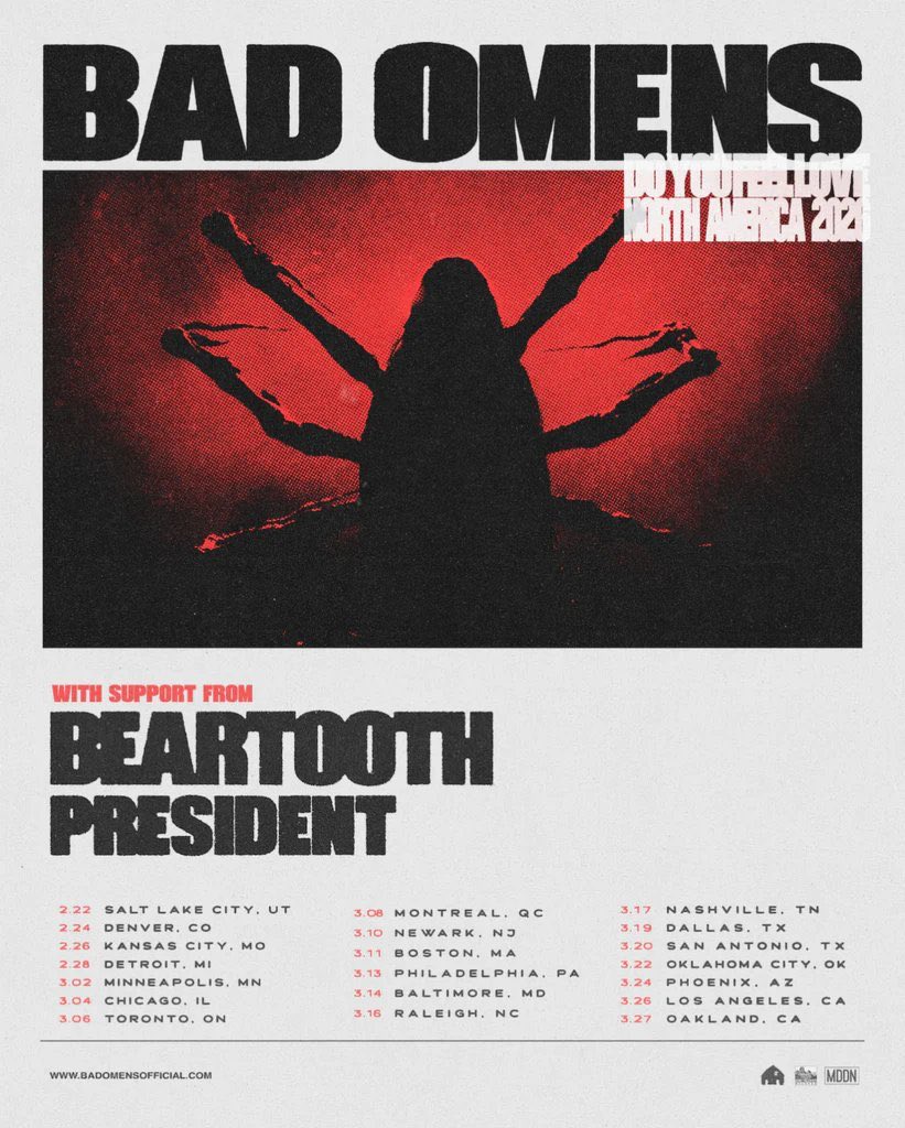 Bad Omens have just announced a 2026 US headline tour with support from Beartooth and PRESIDENT - band.

Tickets on sale this Friday (October 31) at 10am local.