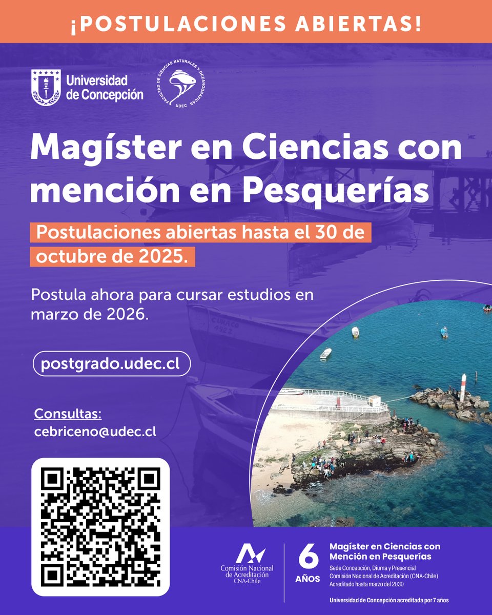 Postula al Magíster en Ciencias con mención en Pesquerías aquí 👉 postgrado.udec.cl/programas/prog…
