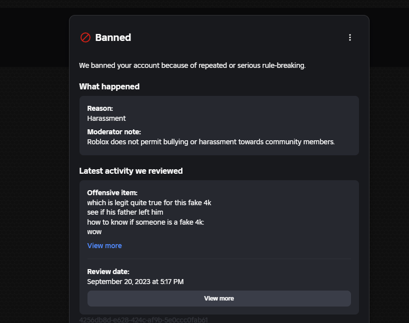 Randomgfx1kk2p's tweet photo. @Roblox here is proof of me getting banned in 2023 but yeah i know what i said was bad i changed since then https://t.co/7AuAyM1nm4