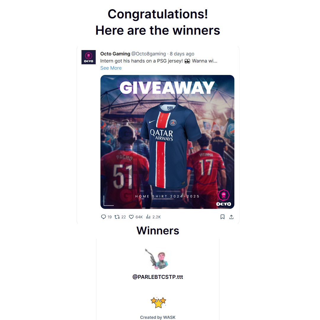 LFG <a href="/StivonNFT/">PARLEBTCSTP.ttt</a> 🎉

Congratulations, you just won a PSG jersey! 🎁

Check your DM to receive your prize! 📩

Thanks to everyone who joined, and stay tuned for the next one! 🐙