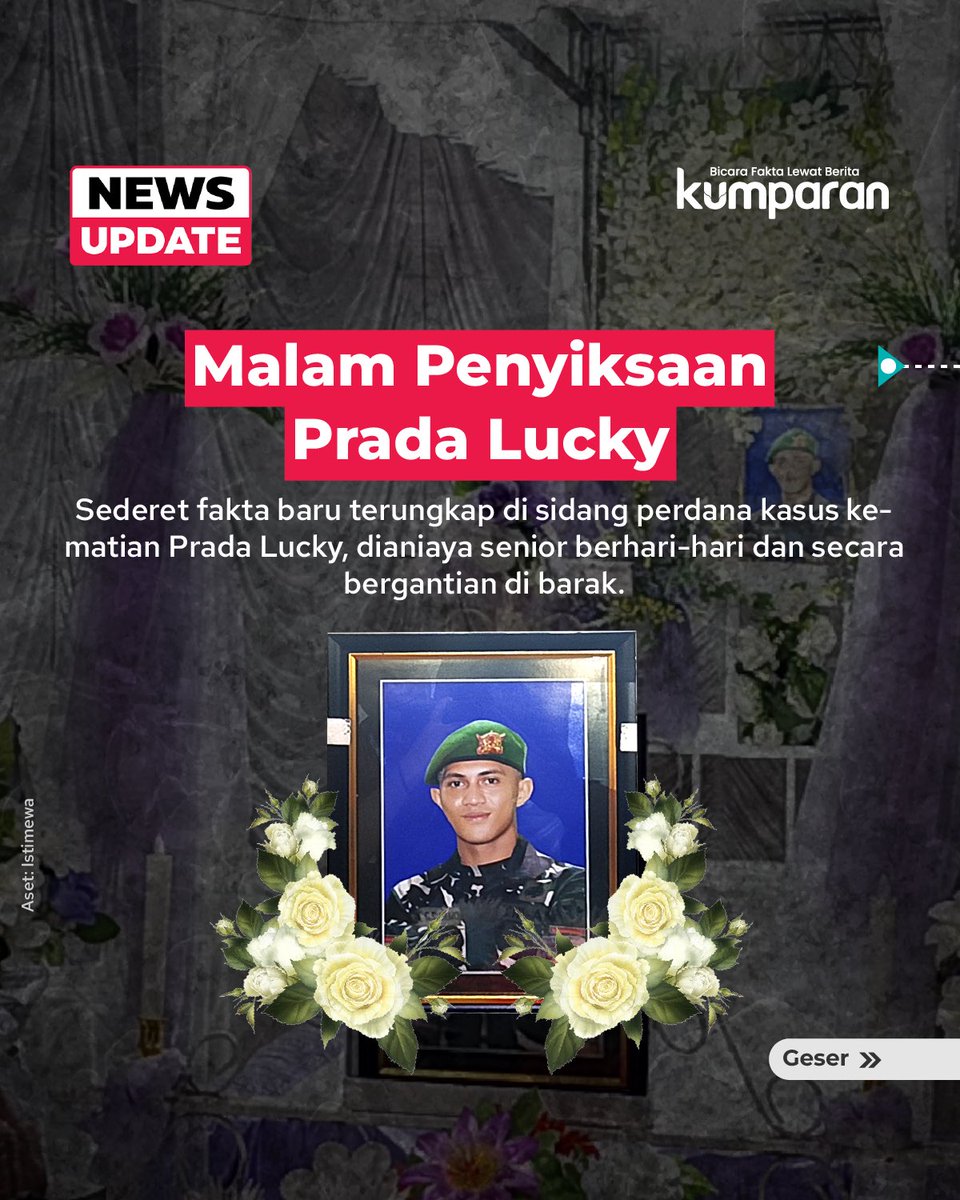 AlianyFebriana's tweet photo. Dianiaya seniornya secara bergantian, sempat kabur, lalu dianiaya lagi sampai hilang nyawa.

Sejumlah fakta baru terkait kasus kematian Prada Lucky C.S. Namo terungkap dalam sidang perdana dengan agenda pembacaan dakwaan, Senin (2710). Sidang ini digelar di Dilmil) III-15 Kupang https://t.co/f14Opp2zRa