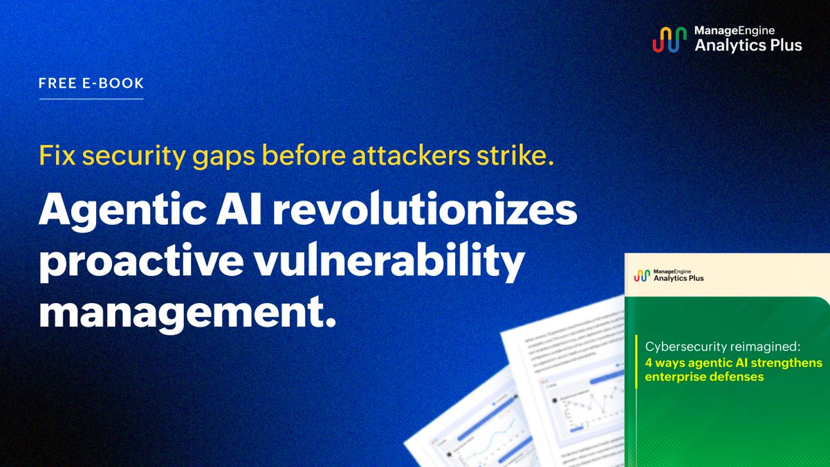 manageengine's tweet image. #AgenticAI automates continuous health assessment, predicts threats, and proactively strengthens your organization's security posture. Download our latest e-book for four game-changing enterprise security strategies powered by AI. 
zurl.co/nSeLK
#Cybersecurity