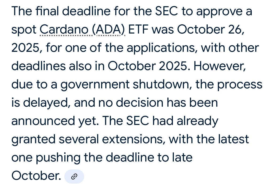 The SEC was supposed to approve or decline by October 26th for a #Cardano  $ADA spot ETF. Now SOL, HBAR and others got approved but still not ADA. Is  this deliberate? At