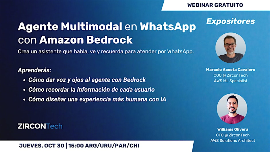 Zircon_Tech's tweet image. Descubrí cómo crear un asistente que habla, ve y recuerda en WhatsApp con Amazon Bedrock.

oct 30 de 3pm a 3:30pm GMT-3

eventbrite.com/e/agente-multi…

¡No te pierdas este evento donde aprenderás todo sobre cómo ser un agente multimodal en Whatsapp con la plataforma de Amazon Bedrock!