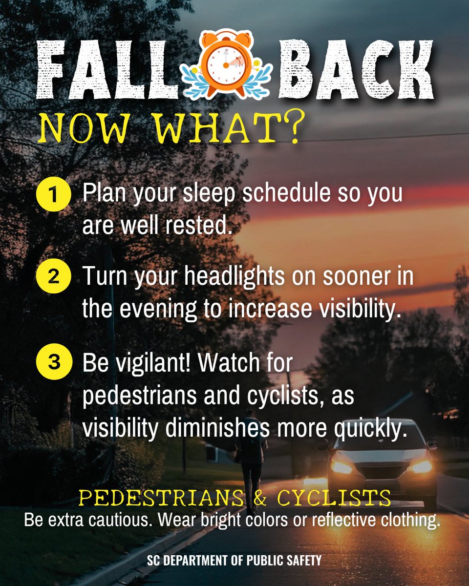 It's fall back time! ⏰

With the sun setting earlier, here are a few tips to consider so you drive safely and help keep pedestrians and cyclists safe:

-Adjust your sleep schedule so you are well rested
-Turn your headlights on sooner in the evening so you are more visible