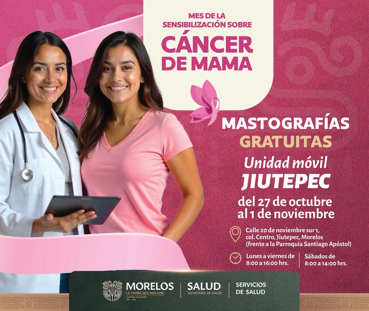 🩷El cáncer de mama puede ser curable si se detecta a tiempo.
Si tienes entre 40 y 69 años, acude a tu mastografía gratuita 
⏰L-V de 08:00-16:00 h y sábado de 09:00-14:00 h.
Acude bañada, sin desodorante ni crema y lleva copia de tu INE.
📍Jiutepec
#LaTierraQueNosUne