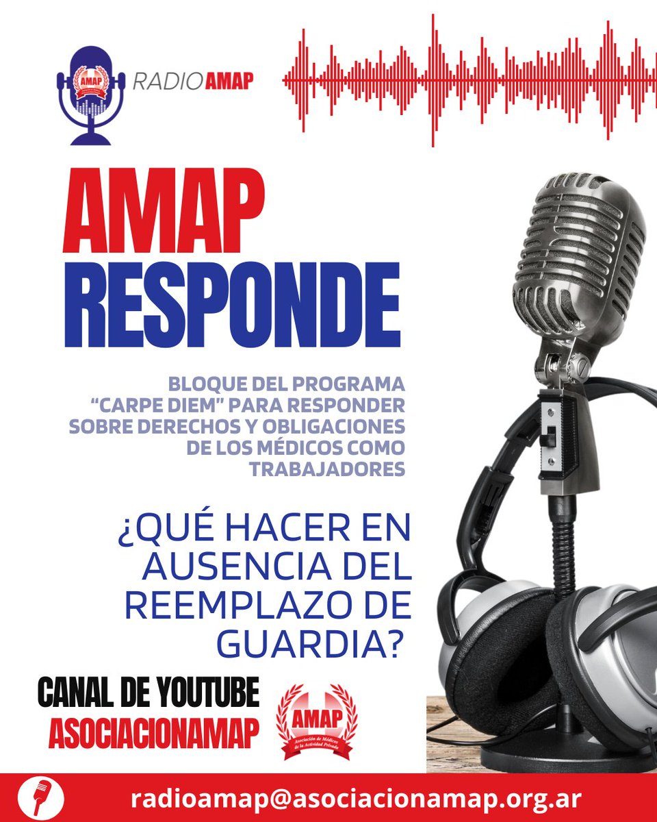 SindicatoAMAP's tweet photo. [RADIO] AMAP RESPONDE
En el programa Carpe Diem abordamos las inquietudes de los médicos sobre sus derechos y obligaciones laborales.
En esta oportunidad: *¿Qué hacer en ausencia del reemplazo de guardia?. Repetimos pagos días feriados.*
Ingresa aquí 👉🏻 https://t.co/O0lGyrVlaK https://t.co/4DcONpgaoY