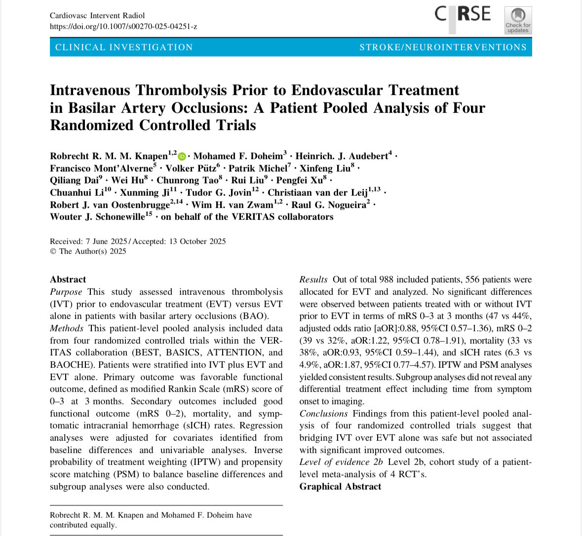 🚨 New from the VERITAS collaboration: Bridging IVT→EVT in basilar artery occlusion is safe but shows no added benefit vs EVT alone which establish equipoise. Findings from pooled 4 RCTs support tailored decision-making in VBAO strokes. <a href="/PittStroke/">UPittStroke</a> 
🔗 link.springer.com/article/10.100…