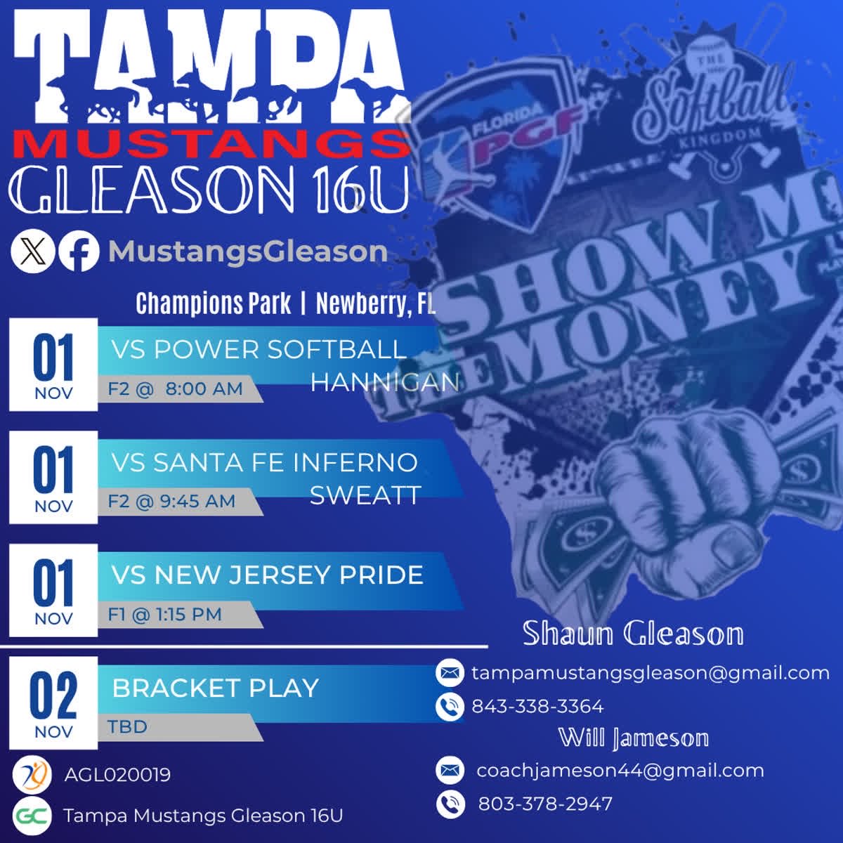 Schedule drop for Show Me the Money!!! Come check us out!!!

<a href="/MustangsGleason/">Tampa Mustangs Gleason 16U</a> <a href="/TampaMustangs/">Tampa Mustangs</a> <a href="/SBRRetweets/">Softball Recruiting Reposts</a> <a href="/spatte1108/">Selena Collins-Patterson (Coach C)</a> <a href="/CoachKuhlmeyer/">Chris Kuhlmeyer 🥎🏃‍♂️</a> <a href="/BrookeOHair3/">Brooke Best-O'Hair</a> <a href="/Coach_Hatt/">Ally Hattermann</a> <a href="/CodeeYeske/">Codee Yeske</a> <a href="/GrizzlyCoachKat/">Kat Ihlenburg</a> <a href="/GGC_Softball/">GGC Softball</a> <a href="/UWGSoftball/">West Georgia Softball</a> <a href="/mrsmobro/">Melissa Brocato</a> <a href="/FlaglerSoftball/">Flagler Softball</a> <a href="/USFSoftball/">USF Softball</a> <a href="/JMUSoftball/">JMU Softball</a>