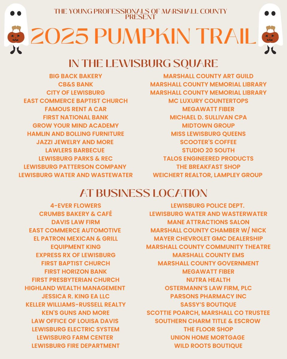 Stop by our First National Bank Tent on the Lewisburg Square for 🎃The Pumpkin Trail🎃on Friday from 4-6pm!
Thanks to the Young Professionals of Marshall County for putting this together each year! We can't wait to see all the kiddos on Friday!
#fnbforyou