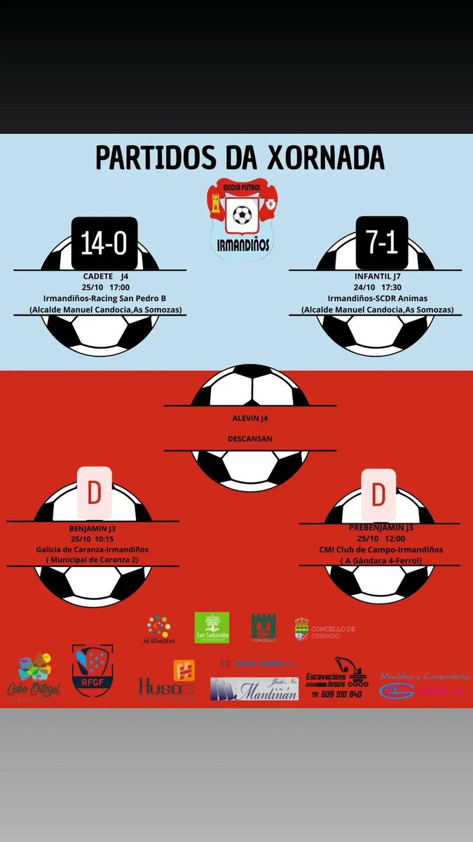 Resultados dos nosos a fin de semana pasada! Lembrar que este fin de semana non haberá partidos nas nosas ligas.