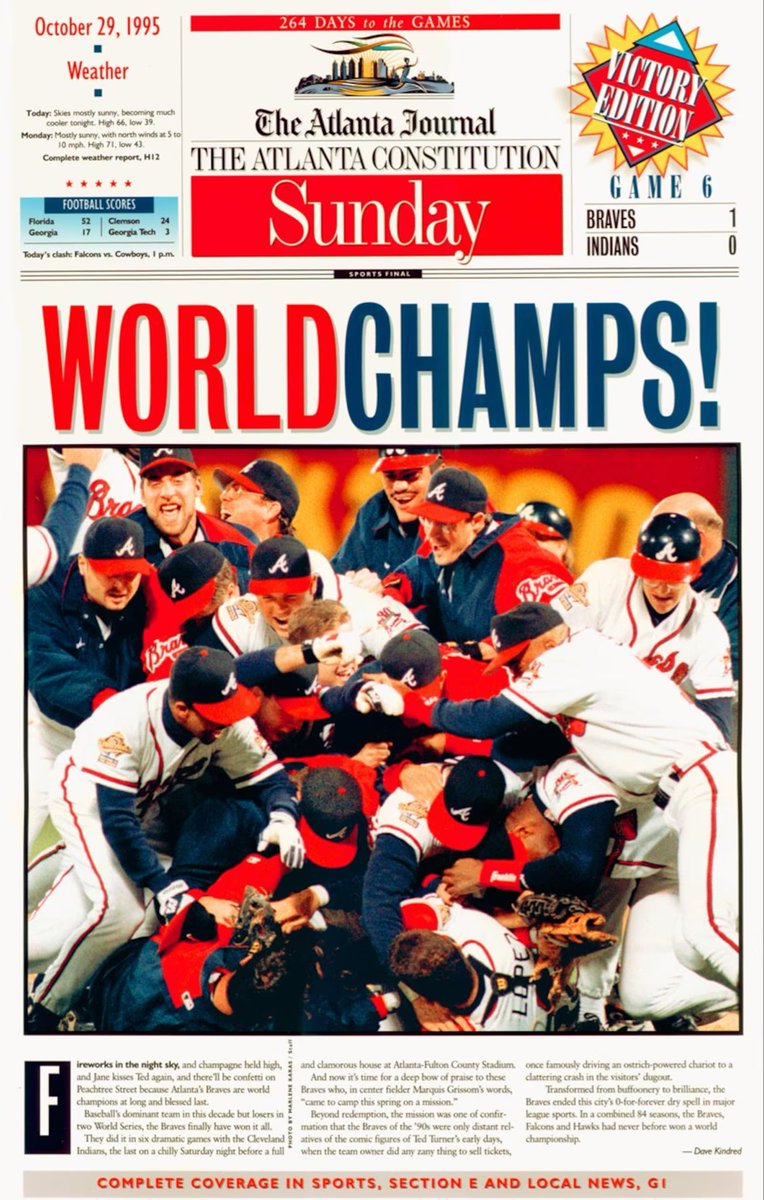 30 years ago today, the Braves beat the Cleveland Indians in Game 6 to capture their first World Series title since moving to Atlanta. 🙌

📸- Jonathan Newton/Marlene Karas/AJC