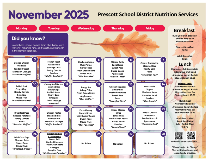 NSDatPSD's tweet photo. 🦃 Our November menu is here! 🍠🥦
We’re serving up seasonal favorites &amp; nutritious meals made with heart. ❤️
Check out this month’s Cook’s Corner for fun melas &amp; kitchen highlights! 👩‍🍳✨

#PrescottPride #CooksCorner #SchoolMealsThatRock #Thankful https://t.co/NhMUXZy8Zk