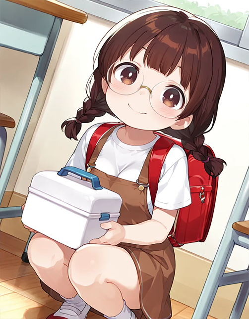 次に作りたいオリジナル同人作品で、クラスの保健係の女の子を設定したのですが、確か赤十字って気軽に使っちゃダメなんですよね。ハートマークとかにしておこうかな。
#AIイラスト #ランドセル #眼鏡っ娘