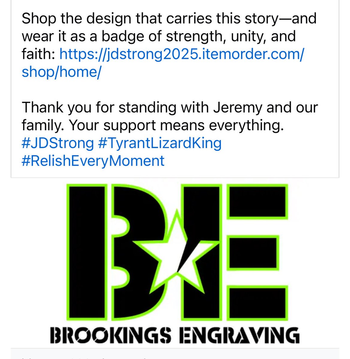 For those asking about apparel supporting Jeremy and the boys. The store is now open and the meaning behind the design is special. <a href="/CubbysBrookings/">Cubby's Sports B&G</a> #JDStrong 🦎👑🩶 jdstrong2025.itemorder.com/shop/home/