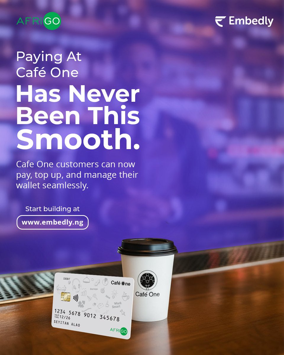 useembedly's tweet image. Café One wanted a smarter, smoother way for customers to pay.

Embedly said say less! 🥳 💳

From seamless wallets to branded cards, we help businesses bring payments to life.

Your business could be next. Let’s build yours.

Visit the link in our bio to get started! 🔗

#Embedly