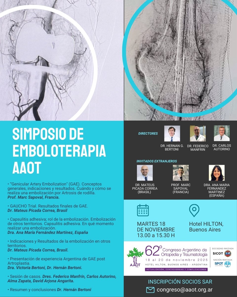 Simposio de Emboloterapia AAOT - En el 62° Congreso AAOT Auspiciado por @sar.oficial

🗓️ 18/11 de 13:00 a 15:30
📍 Salón Buen Ayre A, Hotel Hilton, CABA

Socios Sociedad Argentina de Radiología inscribirse sin cargo en congreso@aaot.org.ar 

-Válido hasta el 10 de noviembre-