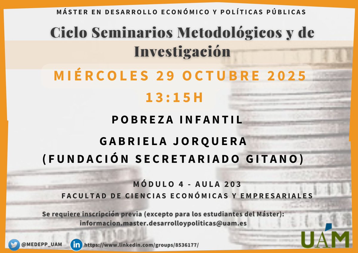 MEDEPP_UAM's tweet photo. Iniciamos el ciclo de seminarios 2025-2026 del @MEDEPP_UAM con la conferencia de Gabriela Jorquera, que nos hablará sobre pobreza infantil:

🗣️Gabriela Jorquera 
⏰13.15h🗓️Miércoles, 29 de octubre de 2025
📍Aula 4-203 

¡No os lo perdáis! https://t.co/JYCtgEYo21