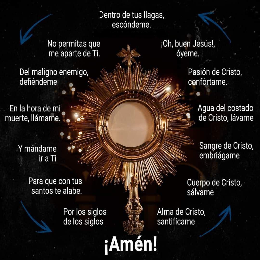 TarekSaidVzla's tweet photo. ALMA DE CRISTO.
"Alma de Cristo, santifícame.
Cuerpo de Cristo, sálvame. 
Sangre de Cristo, embriágame. 
Agua del costado de Cristo, lávame. 
Pasión de Cristo, confórtame.
Oh buen Jesús, óyeme. 
Dentro de tus llagas, escóndeme.
No permitas que me aparte de ti.
Del maligno enemigo, defiéndeme. 
En la hora de mi muerte, llámame. 
Y mándame ir a ti,
Para que con tus santos te alabe,
Por los siglos de los siglos". 

Amén.
