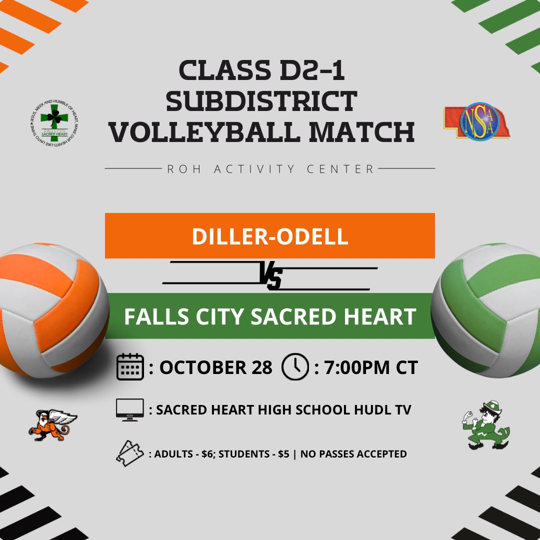 rematch against the griffins.

🆚 : diller-odell
🕖 : 7:00pm ct
💻 : sacred heart high school hudl tv
📍 : roh activity center
🎟️ : adults - $6; students - $5 | no passes accepted
☘️ : costume/camo night

#nebpreps #wearesh #anchoredinhope #goirish