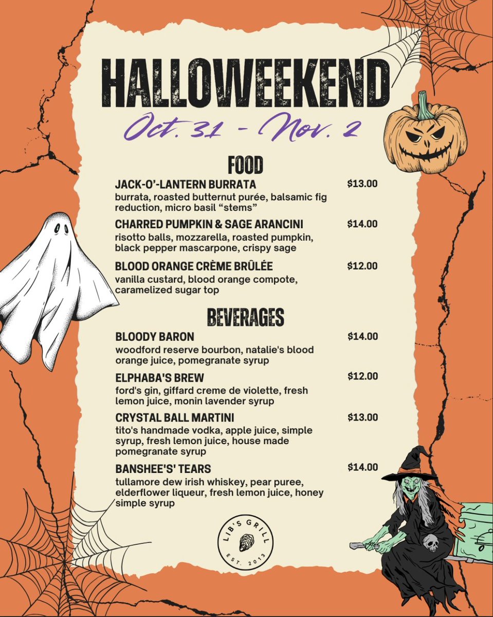 LibsGrillML's tweet image. 👻 Halloweekend Celebration 
Join us for 3 days of frightfully delicious food &amp;amp; drink specials, eerie entertainment, and plenty of treats (and tricks!) to go around. Costumes encouraged, spooky vibes required. Let’s eat, drink, and be scary! 🍹🎃