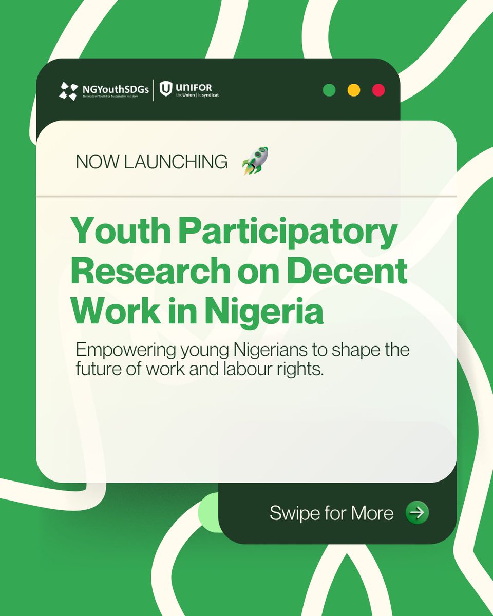 NGYouthSDGs's tweet photo. We’re officially launching the Youth Participatory Research on Decent Work in Nigeria!

Through data-driven research, youth-led engagement, and policy advocacy, we are putting young Nigerians at the center of conversations on jobs, labour rights, and economic opportunity. https://t.co/ewJtfC2Mz3