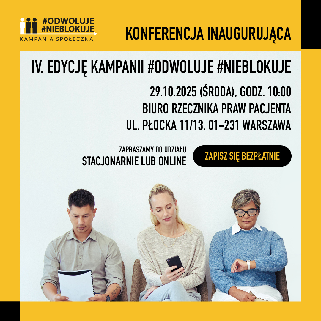 🧐 Startuje już po raz czwarty i nie jest to tylko "zwykła" kampania.

☎️ #OdwołujęNieBlokuję. Za tym hasłem kryje się kampania społeczna, ale też odpowiedzialność. 

Odpowiedzialność każdego z nas, bo każdy był, jest lub będzie pacjentem. I pewnie każdemu zdążyło się nie odwołać