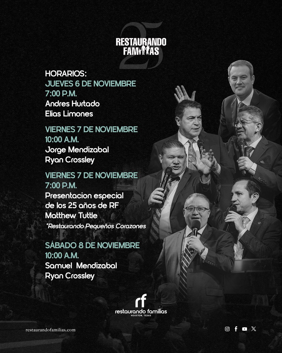 Con mucha expectativa de lo que Dios hará en los 25 años de aniversario de Restaurando Familias en Houston, Texas.  Adjunto les compartimos el horario de RF. Serán 3 días donde Dios hará grandes maravillas! Les esperamos con toda su familia.