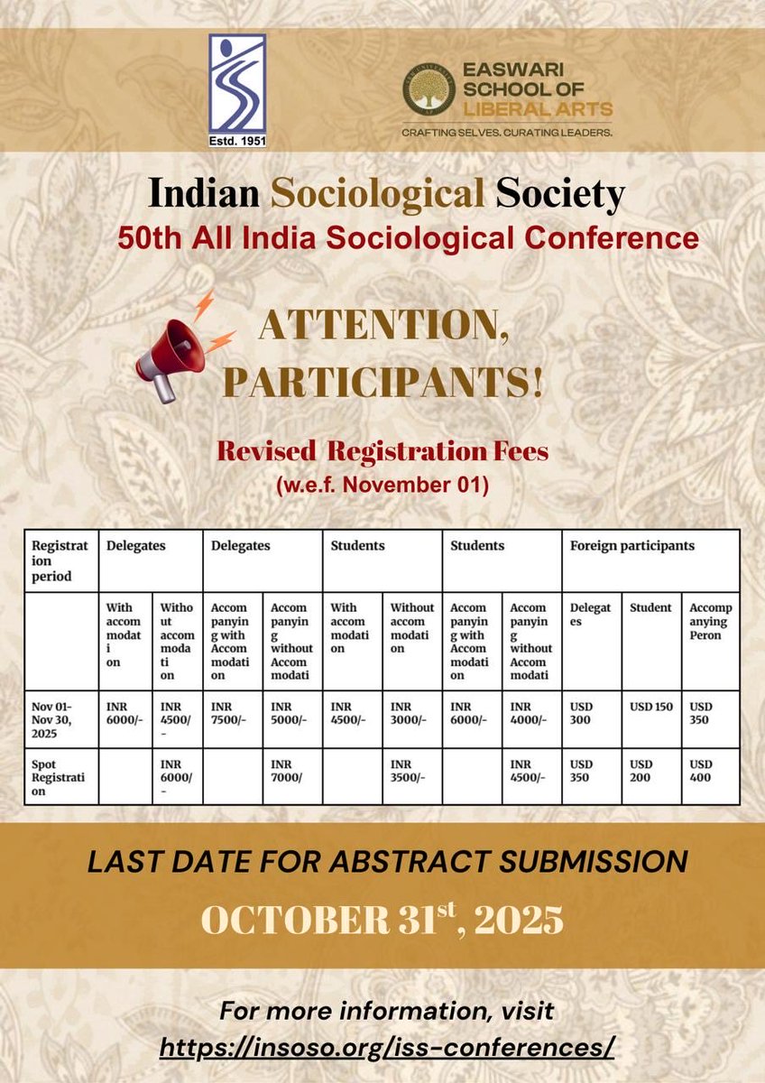 🥁 Attention, Participants! 🥁 

The 50th AISC is just around the corner, and the last date for abstract submission is 31st October, 2025!

📩 insoso.org/login

Please refer to the revised registration fee table — and register now!

🌐 insoso.org/iss-conference…

<a href="/SRMUAP/">SRM University-AP</a>