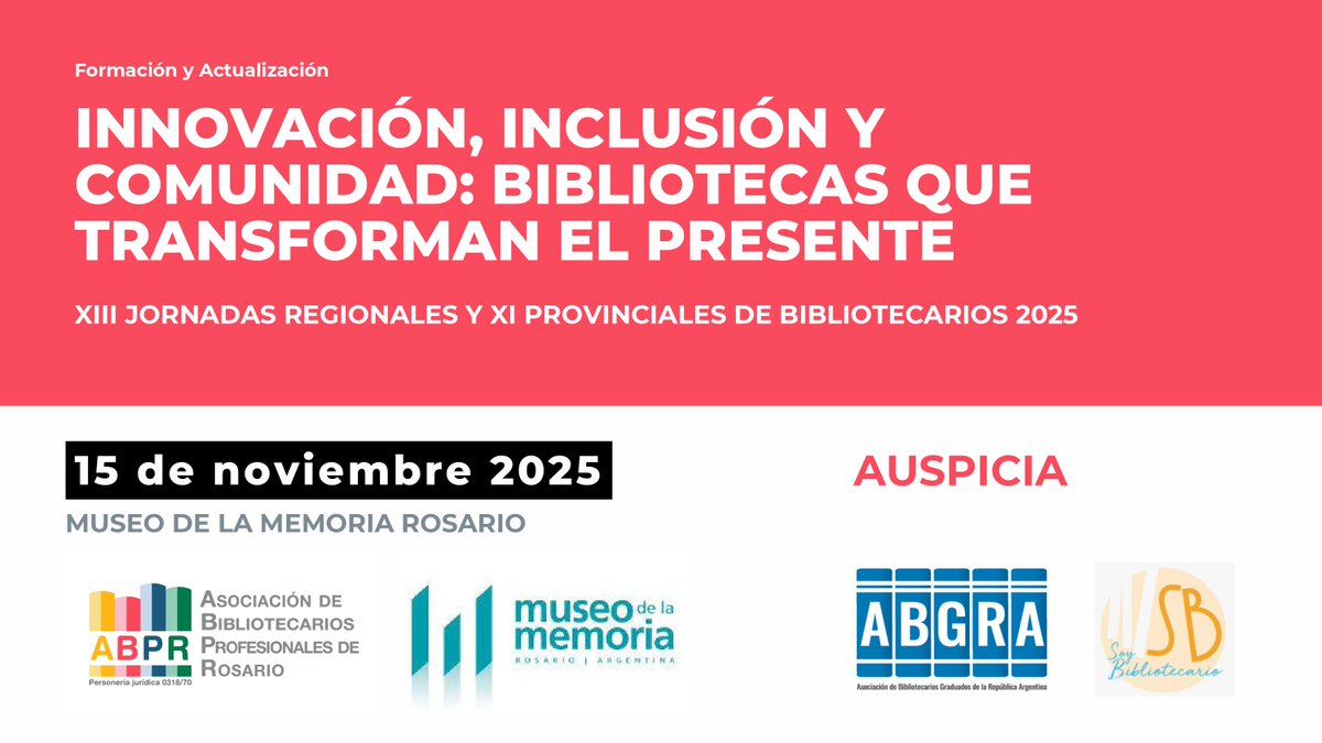 📣 ¡Convocatoria abierta!
La <a href="/ABPR_Rosario/">Asociación de Bibliotecarios Profesionales Rosario</a> invita a presentar ponencias y pósteres para las XIII Jornadas de Bibliotecarios 🗓️
👉 Fecha límite: 31/10
📍 Jornada: 15/11
💬 “Innovación, Inclusión y Comunidad”
Más info 👉 soybibliotecario.blogspot.com/2025/10/abpr-c…