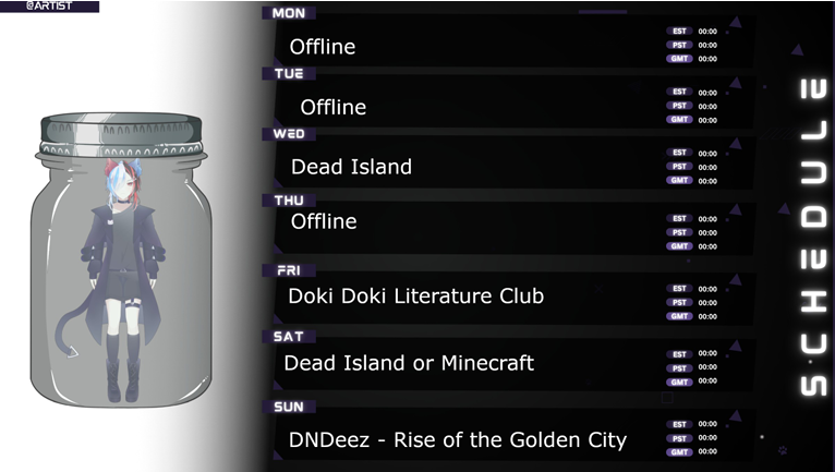 MysteryForS_DD's tweet photo. This weeks Schedule. Live at 19:00 CEST/ 2am JST/ 10am PST every day, except Sunday when we start at 14:00 CEST/ 9pm /5am PST
https://t.co/ZBuVP85HZM
#DeeLive #VTubers #VINFERNIA #Kairos https://t.co/7fXMSjZMFB